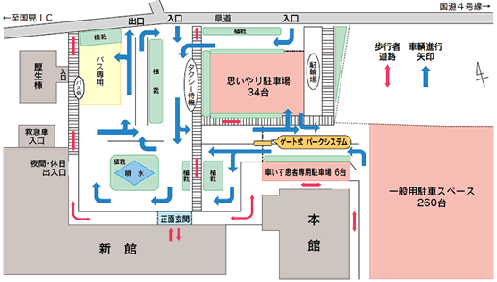 駐車場、福島交通・病院バス停留所、タクシー乗り場案内図